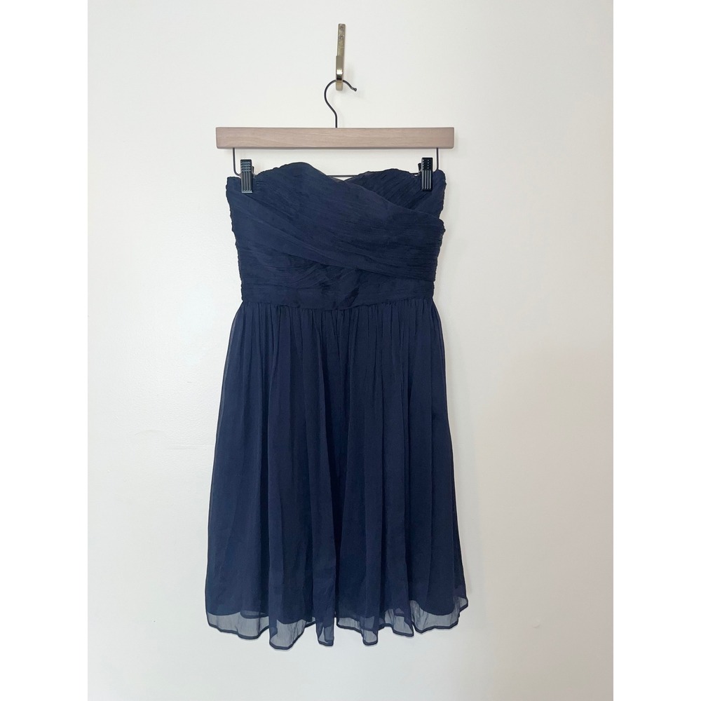J.Crew 100% Silk‎ Navy Blue Strapless Chiffon Sweetheart Ruched Fit Flare Dress
